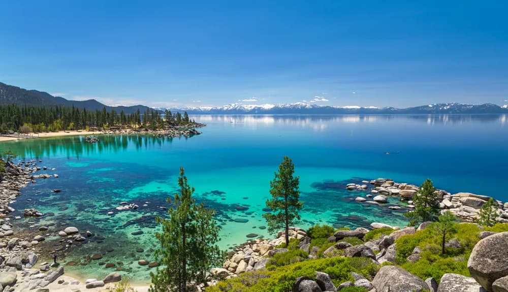 Panoramic view of Lake Tahoe’s turquoise water and pine-covered shoreline in Tahoe Vista, CA.